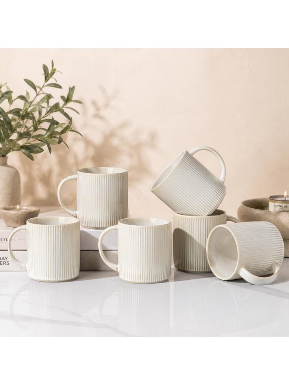 Set of 6 Ceramic Coffee Mugs, 14.2 oz Stylish Cups with Handle for Home & Office
